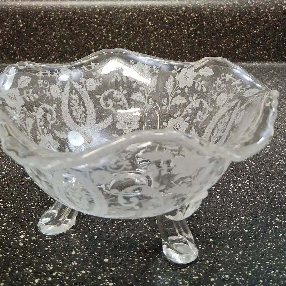 Vintage Viking Glass Prelude Etched Clear Three Footed Ruffled Bon Bon Bowl